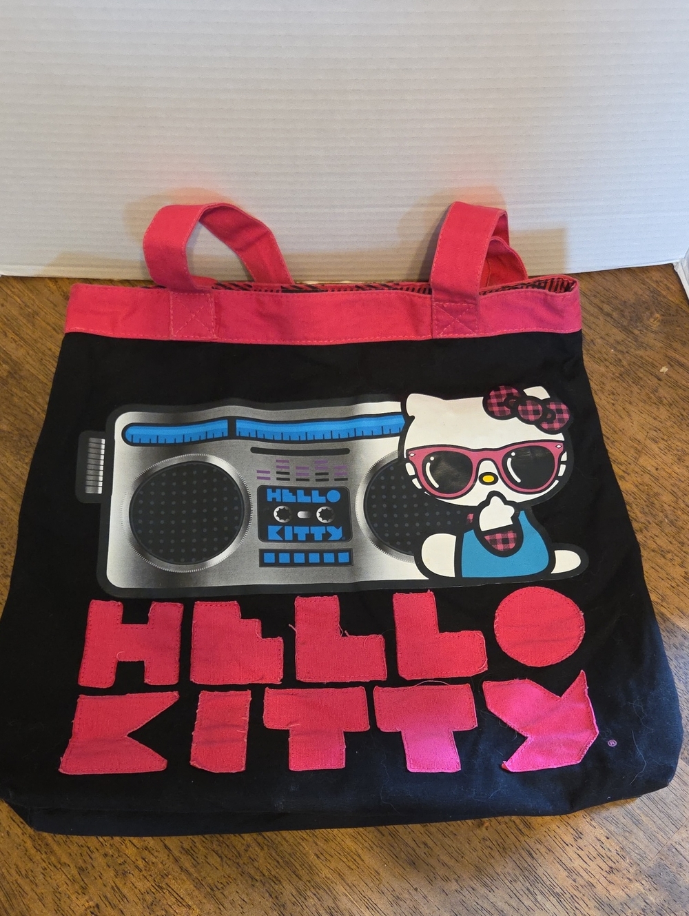 Hello Kitty Black and Hot Pink Graphic Tote with Boombox 14"x14"x2"